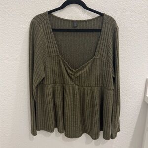 SHEIN Olive Ribbed Long Sleeve Babydoll Top - 3xl